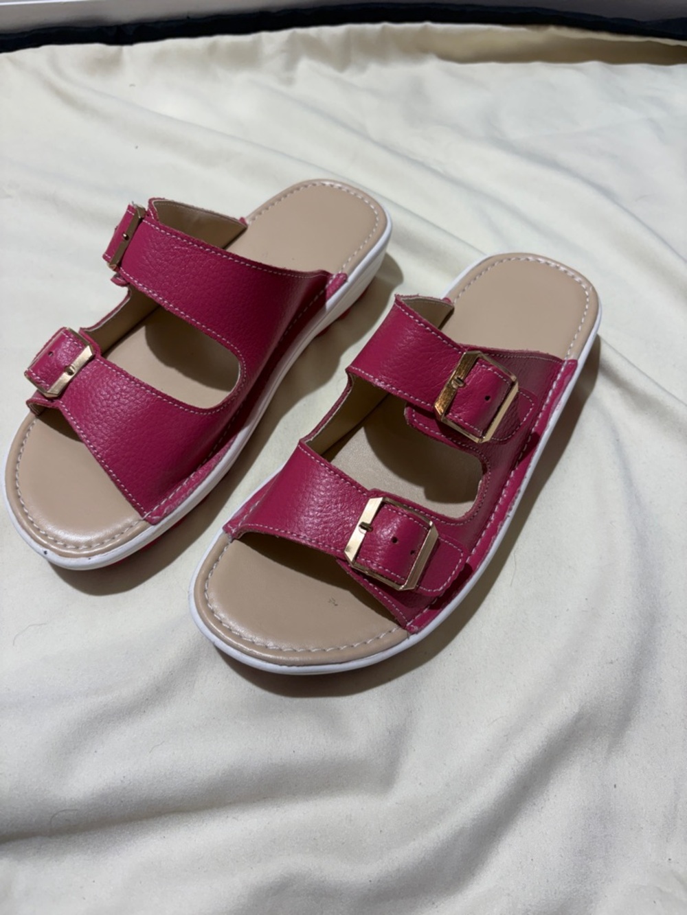 Double-Buckle Pink Slide Sandals with Gold Buckles